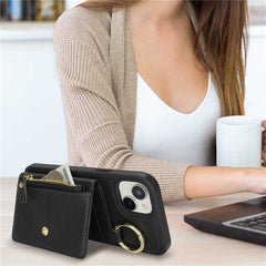 For iPhone 14 / 13 Case Litchi Textured PU Leather + TPU Kickstand Phone Cover with Card Slot - TechGearPal