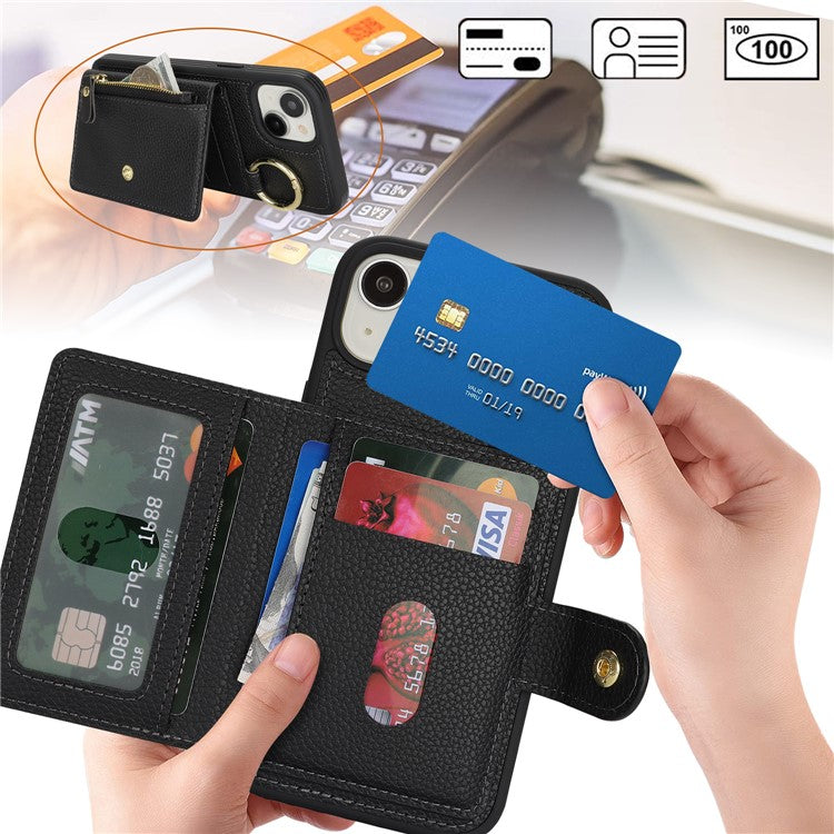For iPhone 14 / 13 Case Litchi Textured PU Leather + TPU Kickstand Phone Cover with Card Slot - TechGearPal