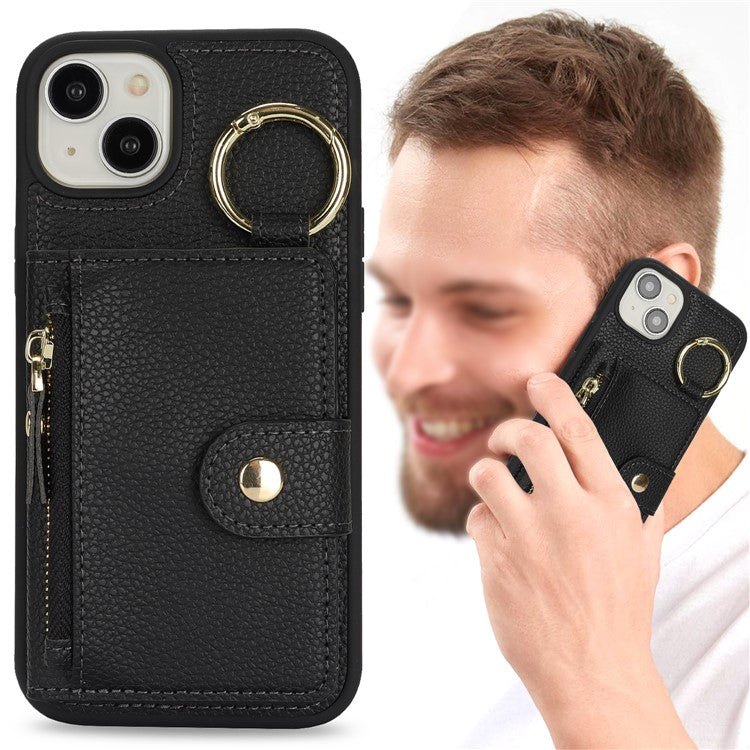 For iPhone 14 / 13 Case Litchi Textured PU Leather + TPU Kickstand Phone Cover with Card Slot - TechGearPal