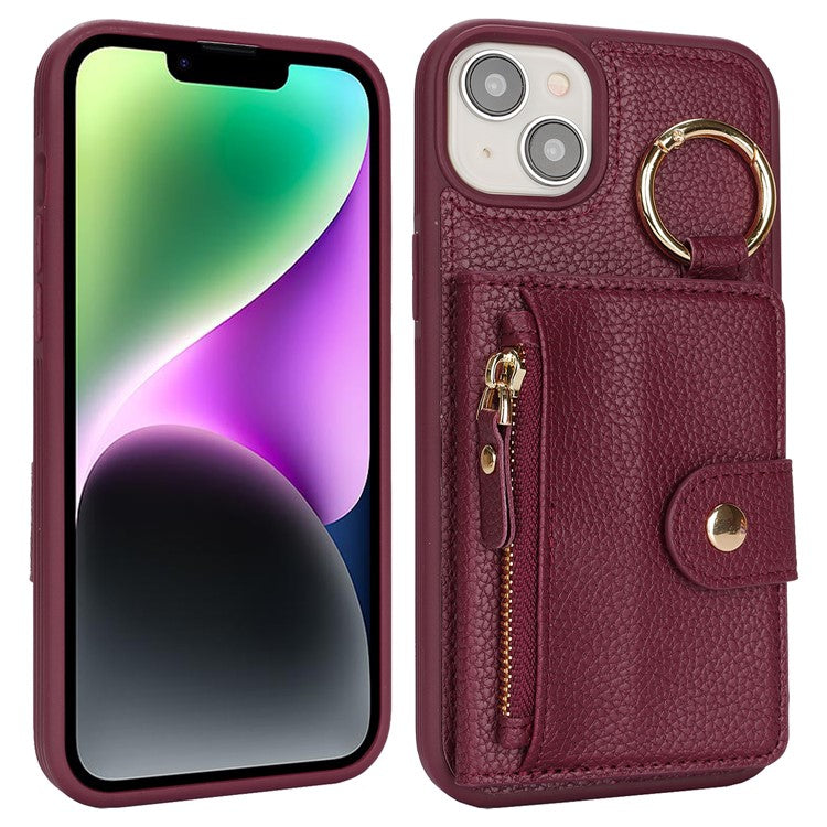 For iPhone 14 / 13 Case Litchi Textured PU Leather + TPU Kickstand Phone Cover with Card Slot - TechGearPal