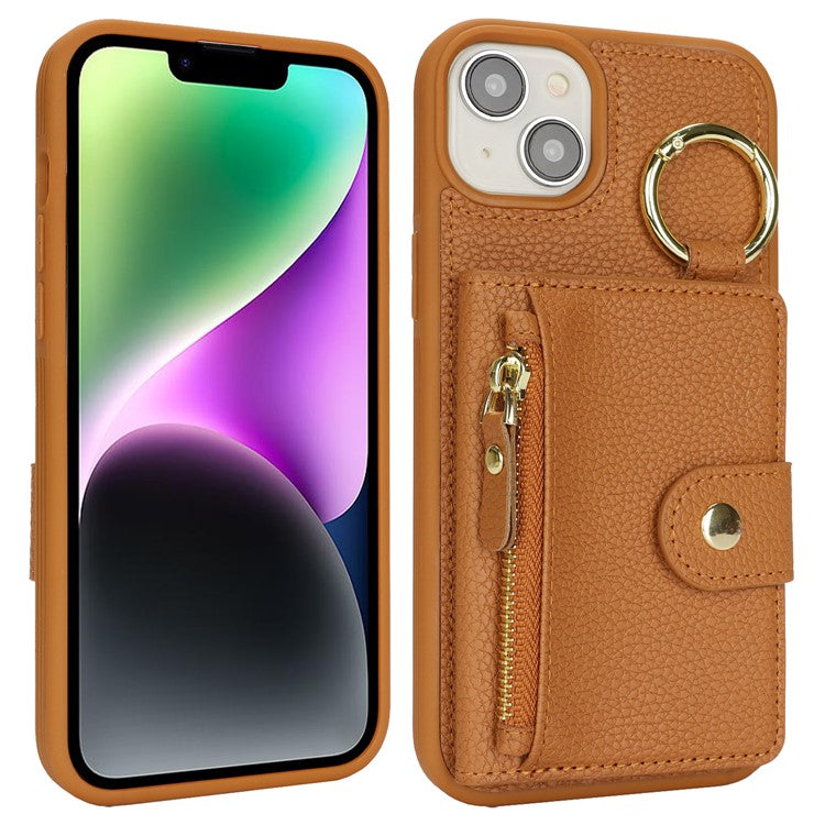 For iPhone 14 / 13 Case Litchi Textured PU Leather + TPU Kickstand Phone Cover with Card Slot - TechGearPal