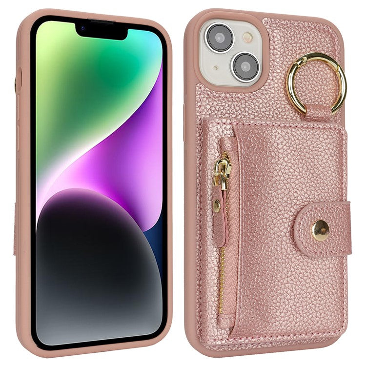 For iPhone 14 / 13 Case Litchi Textured PU Leather + TPU Kickstand Phone Cover with Card Slot - TechGearPal