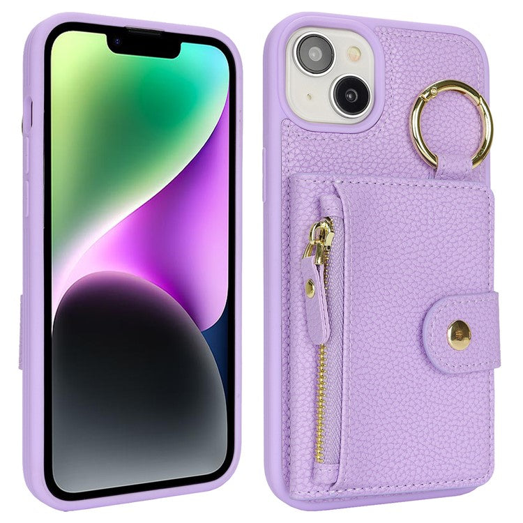 For iPhone 14 / 13 Case Litchi Textured PU Leather + TPU Kickstand Phone Cover with Card Slot - TechGearPal