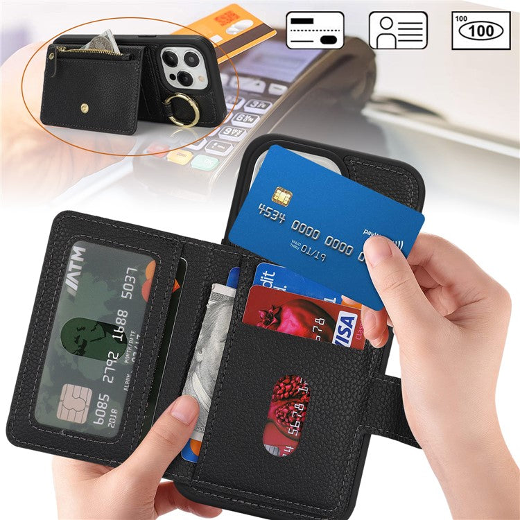 For iPhone 13 Pro Max / 12 Pro Max Case Litchi Textured PU Leather + TPU Kickstand Phone Cover with Card Slot - TechGearPal