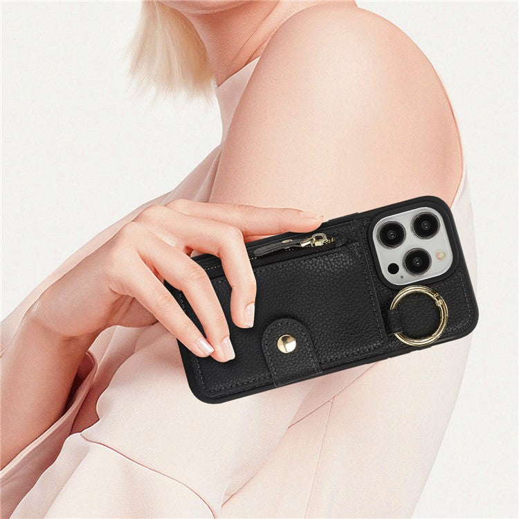 For iPhone 13 Pro Max / 12 Pro Max Case Litchi Textured PU Leather + TPU Kickstand Phone Cover with Card Slot - TechGearPal
