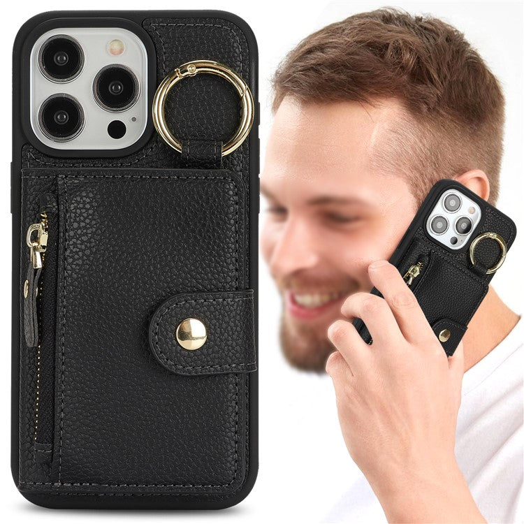 For iPhone 13 Pro Max / 12 Pro Max Case Litchi Textured PU Leather + TPU Kickstand Phone Cover with Card Slot - TechGearPal