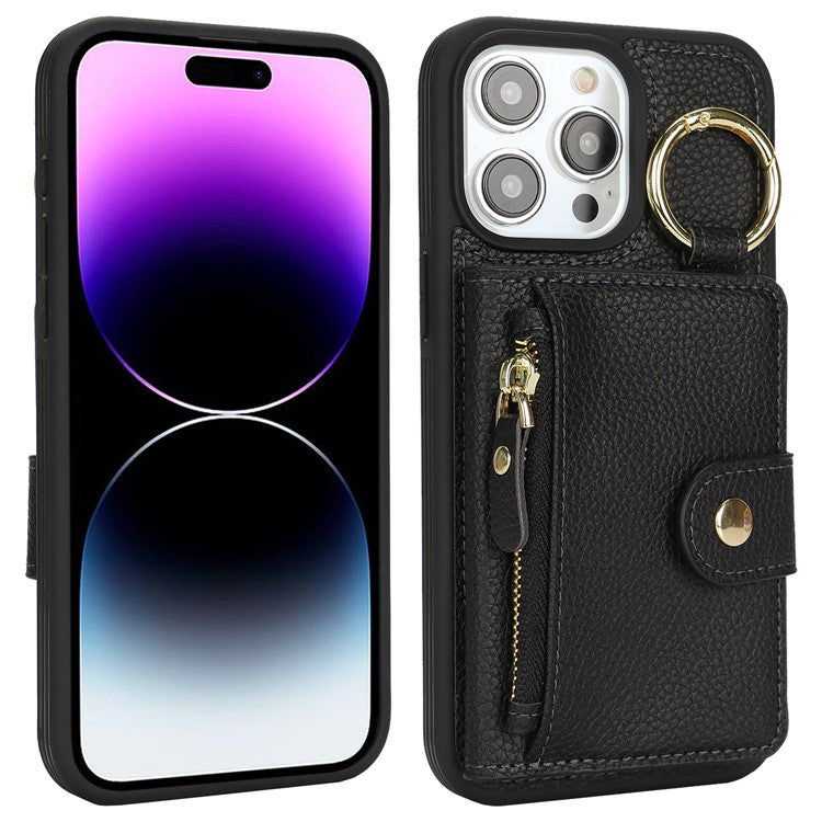 For iPhone 14 Pro Max Case Litchi Textured PU Leather + TPU Kickstand Phone Cover with Card Slot - TechGearPal