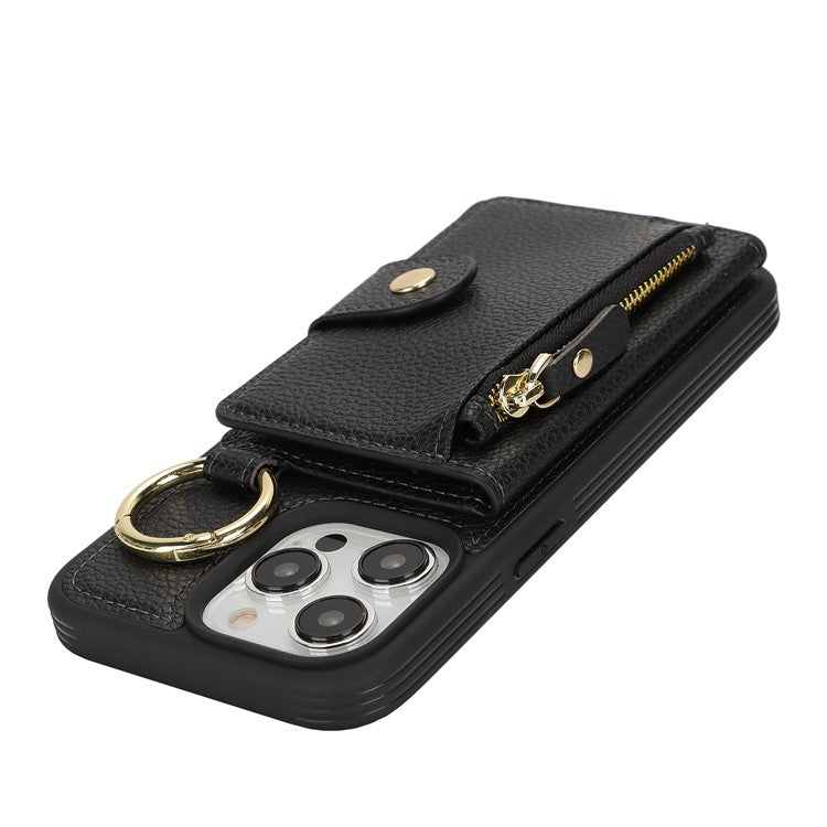 For iPhone 14 Pro Max Case Litchi Textured PU Leather + TPU Kickstand Phone Cover with Card Slot - TechGearPal