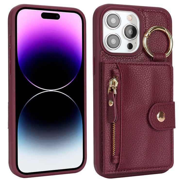 For iPhone 14 Pro Max Case Litchi Textured PU Leather + TPU Kickstand Phone Cover with Card Slot - TechGearPal