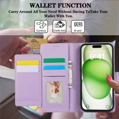 For iPhone 16 Case Multi Card Slots Zipper Leather Phone Cover with Shoulder Strap / Wrist Strap
