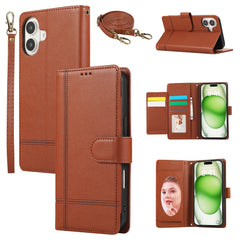 For iPhone 16 Case Multi Card Slots Zipper Leather Phone Cover with Shoulder Strap / Wrist Strap