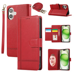 For iPhone 16 Case Multi Card Slots Zipper Leather Phone Cover with Shoulder Strap / Wrist Strap