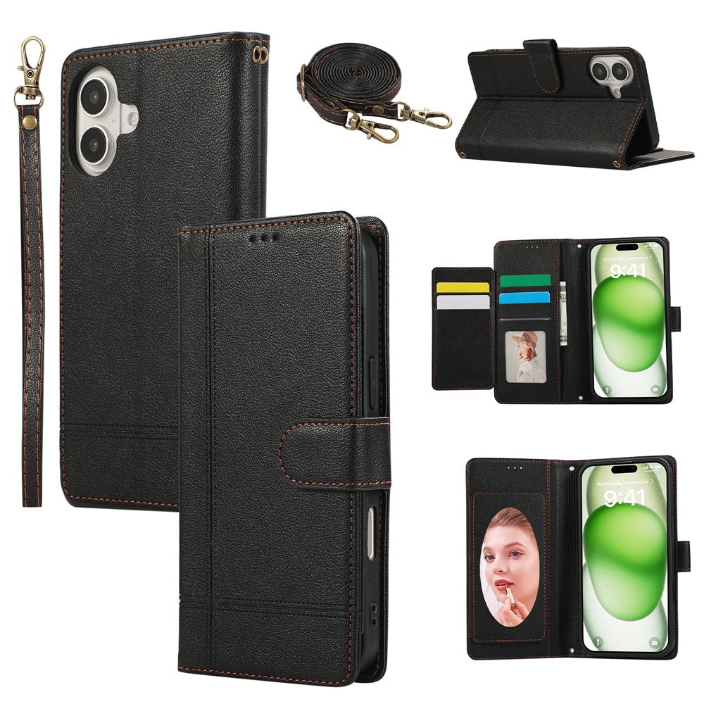For iPhone 16 Case Multi Card Slots Zipper Leather Phone Cover with Shoulder Strap / Wrist Strap