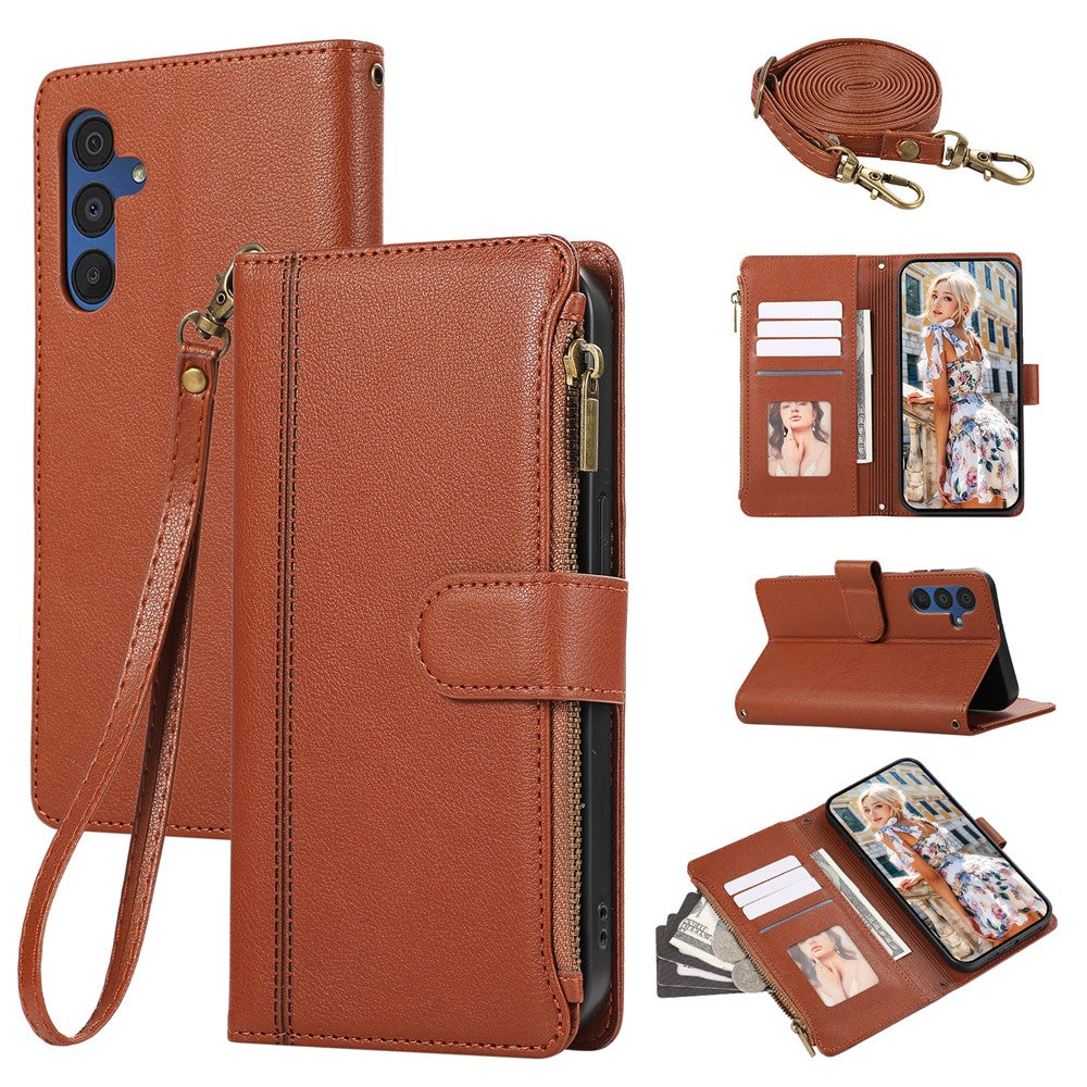 For Samsung Galaxy A16 4G / 5G / A26 5G Case Multi Card Slots Zipper Leather Phone Cover with Shoulder Strap / Wrist Strap