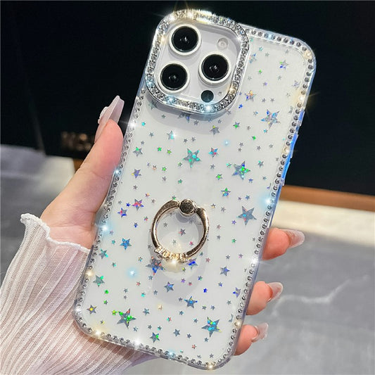 For iPhone 14 Pro Case with Ring Kickstand Rhinestone Edge TPU + PC IMD Phone Cover - TechGearPal