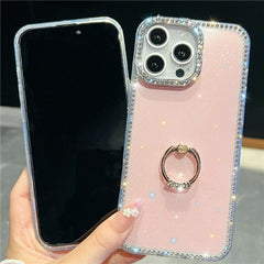 For iPhone 14 Pro Case with Ring Kickstand Rhinestone Edge TPU + PC IMD Phone Cover - TechGearPal