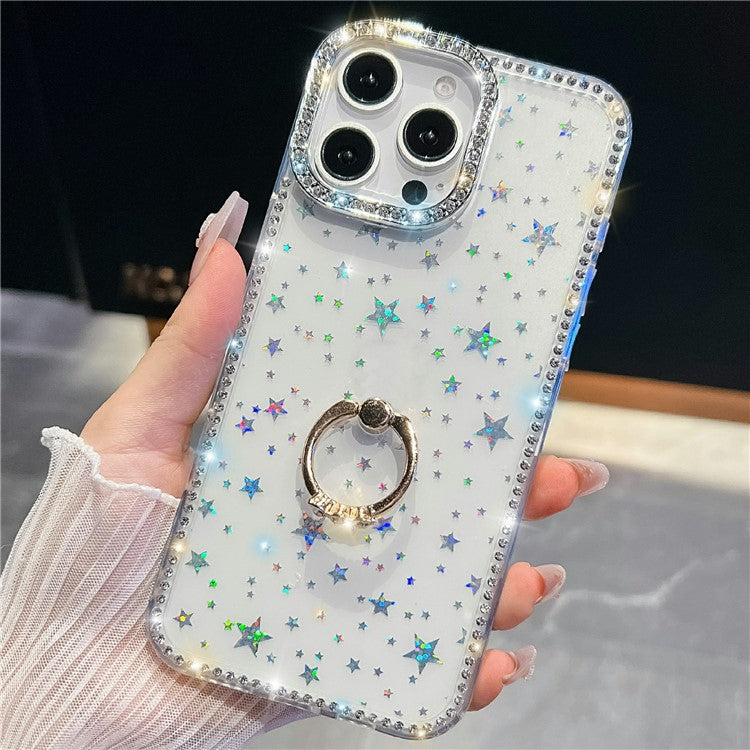 For iPhone 14 Pro Max Case with Ring Kickstand Rhinestone Edge TPU + PC IMD Phone Cover - TechGearPal