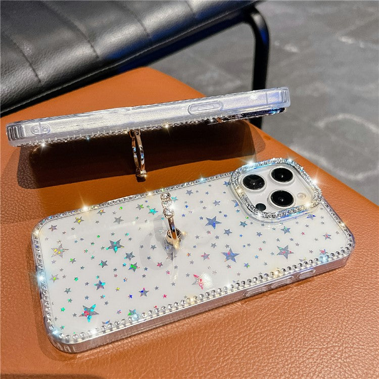 For iPhone 14 Pro Max Case with Ring Kickstand Rhinestone Edge TPU + PC IMD Phone Cover - TechGearPal