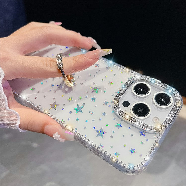 For iPhone 14 Pro Max Case with Ring Kickstand Rhinestone Edge TPU + PC IMD Phone Cover - TechGearPal