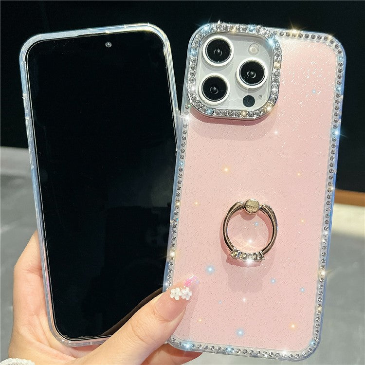 For iPhone 14 Pro Max Case with Ring Kickstand Rhinestone Edge TPU + PC IMD Phone Cover - TechGearPal