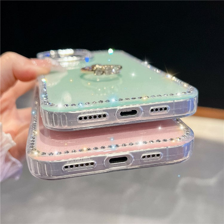 For iPhone 14 Pro Max Case with Ring Kickstand Rhinestone Edge TPU + PC IMD Phone Cover - TechGearPal