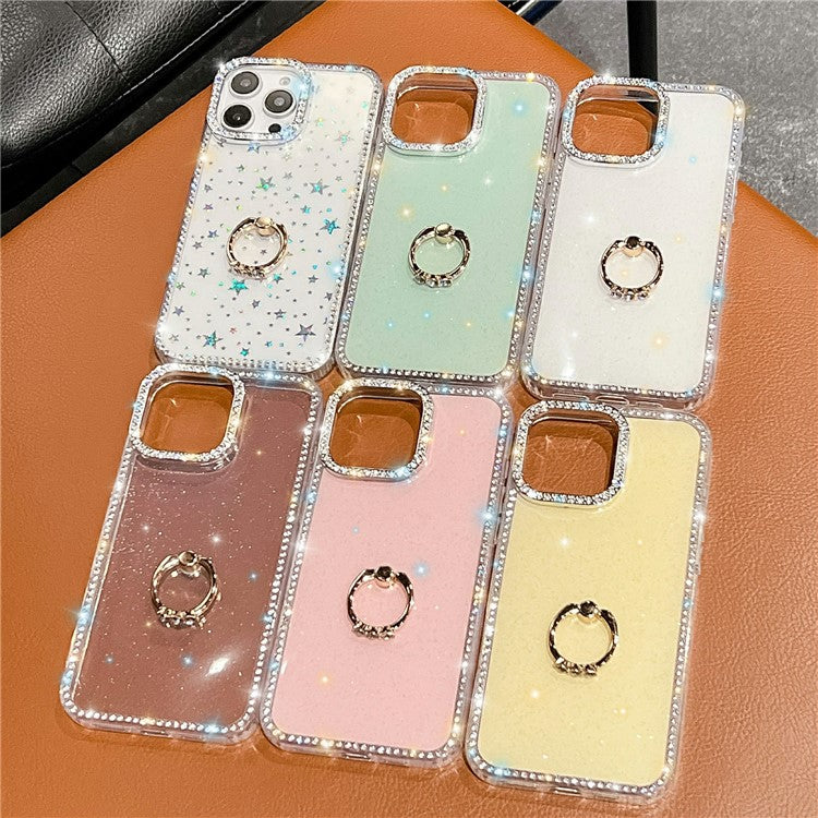 For iPhone 14 Pro Max Case with Ring Kickstand Rhinestone Edge TPU + PC IMD Phone Cover - TechGearPal