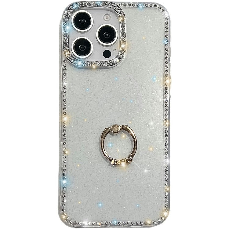 For iPhone 14 Pro Max Case with Ring Kickstand Rhinestone Edge TPU + PC IMD Phone Cover - TechGearPal