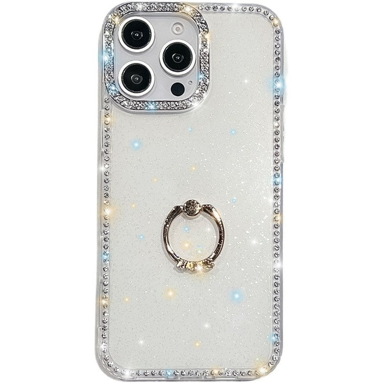 For iPhone 14 Pro Max Case with Ring Kickstand Rhinestone Edge TPU + PC IMD Phone Cover - TechGearPal