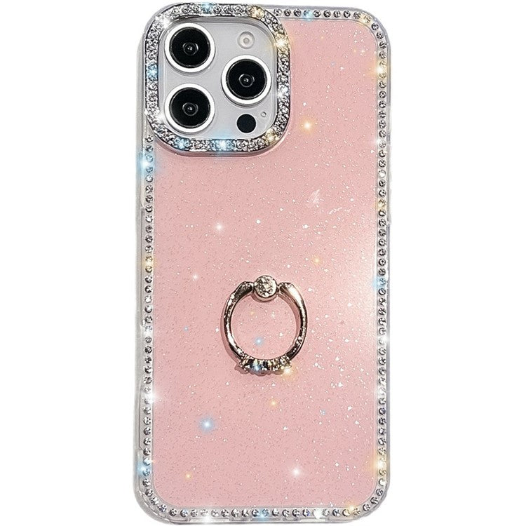 For iPhone 14 Pro Max Case with Ring Kickstand Rhinestone Edge TPU + PC IMD Phone Cover - TechGearPal