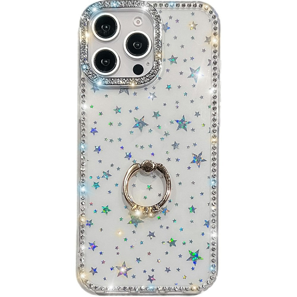 For iPhone 16 Pro Max Case with Ring Kickstand Rhinestone Edge TPU + PC IMD Phone Cover