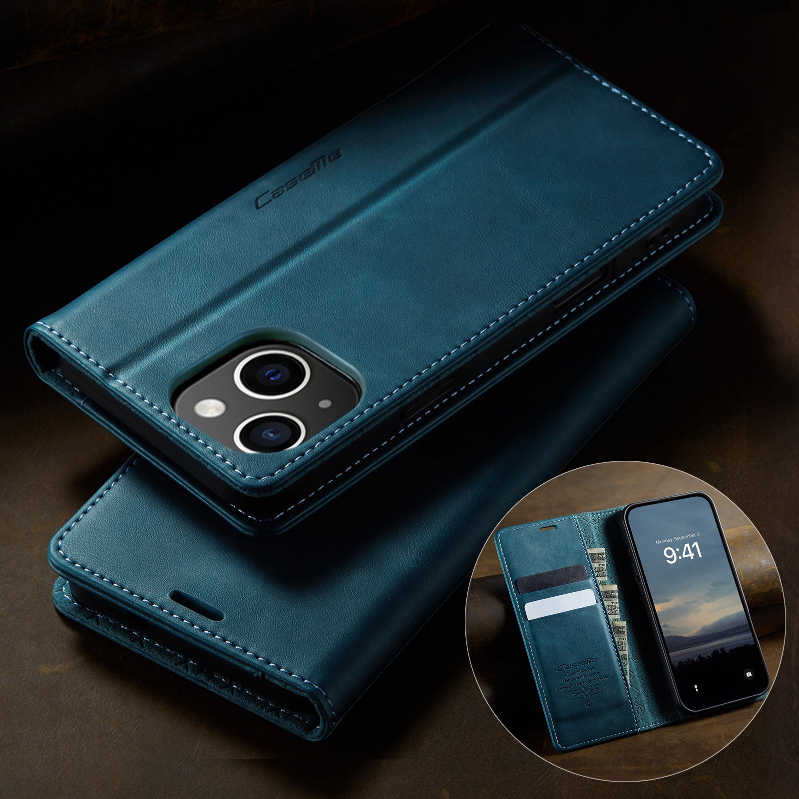 For iPhone 13 6.1 inch Case CASEME 033 Series RFID Blocking Wallet Stand Calf Texture Leather Phone Cover - TechGearPal