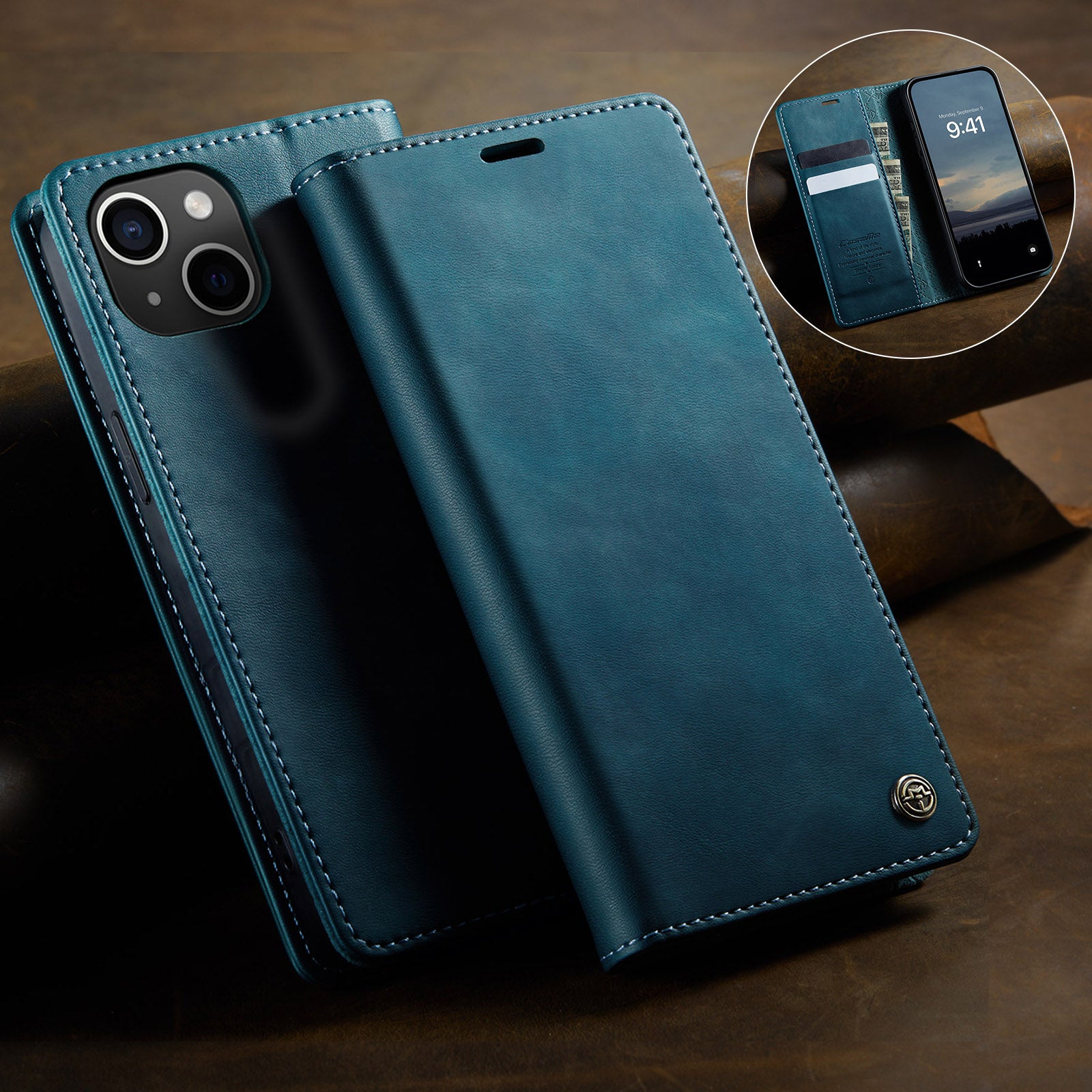 For iPhone 13 6.1 inch Case CASEME 033 Series RFID Blocking Wallet Stand Calf Texture Leather Phone Cover - TechGearPal