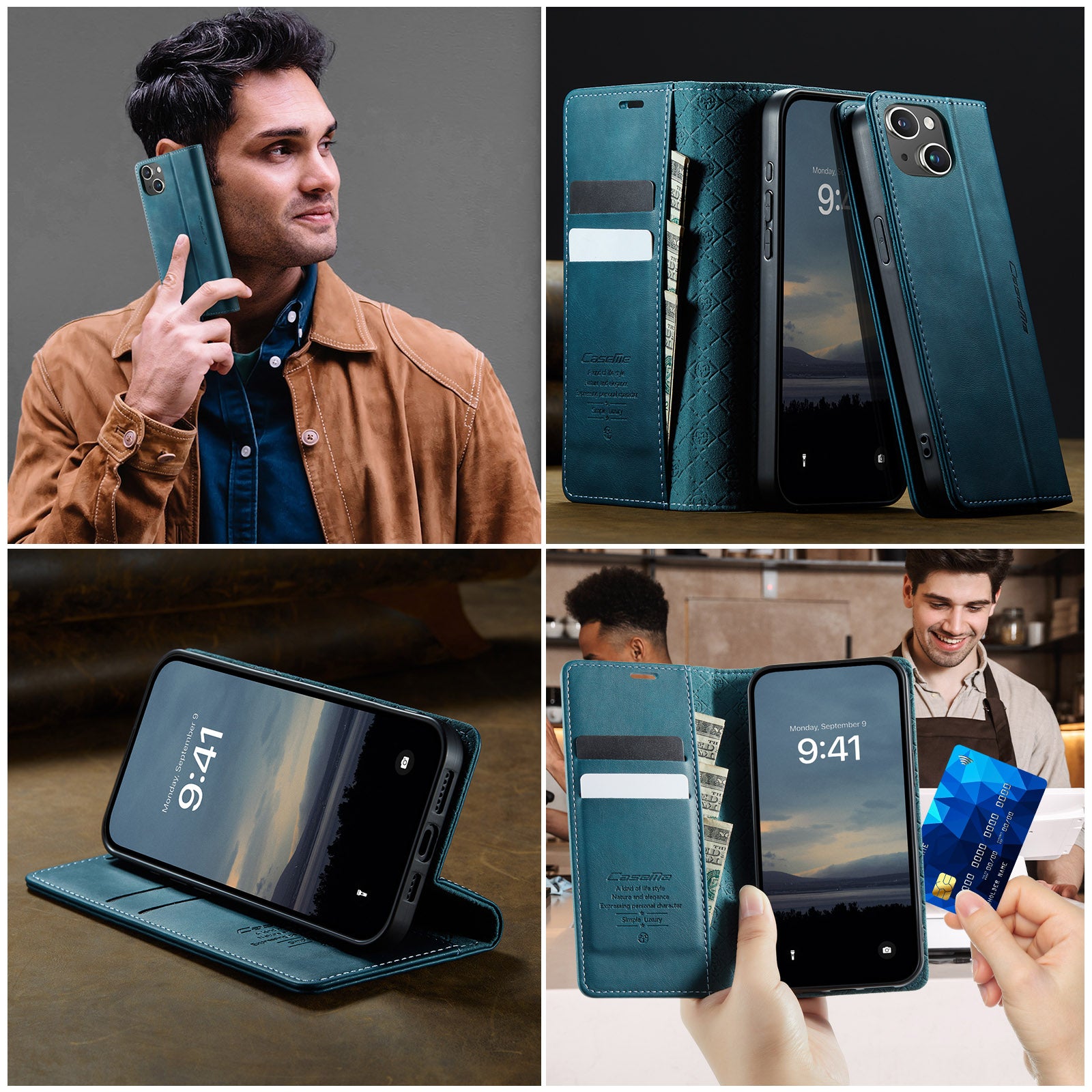 For iPhone 13 6.1 inch Case CASEME 033 Series RFID Blocking Wallet Stand Calf Texture Leather Phone Cover - TechGearPal