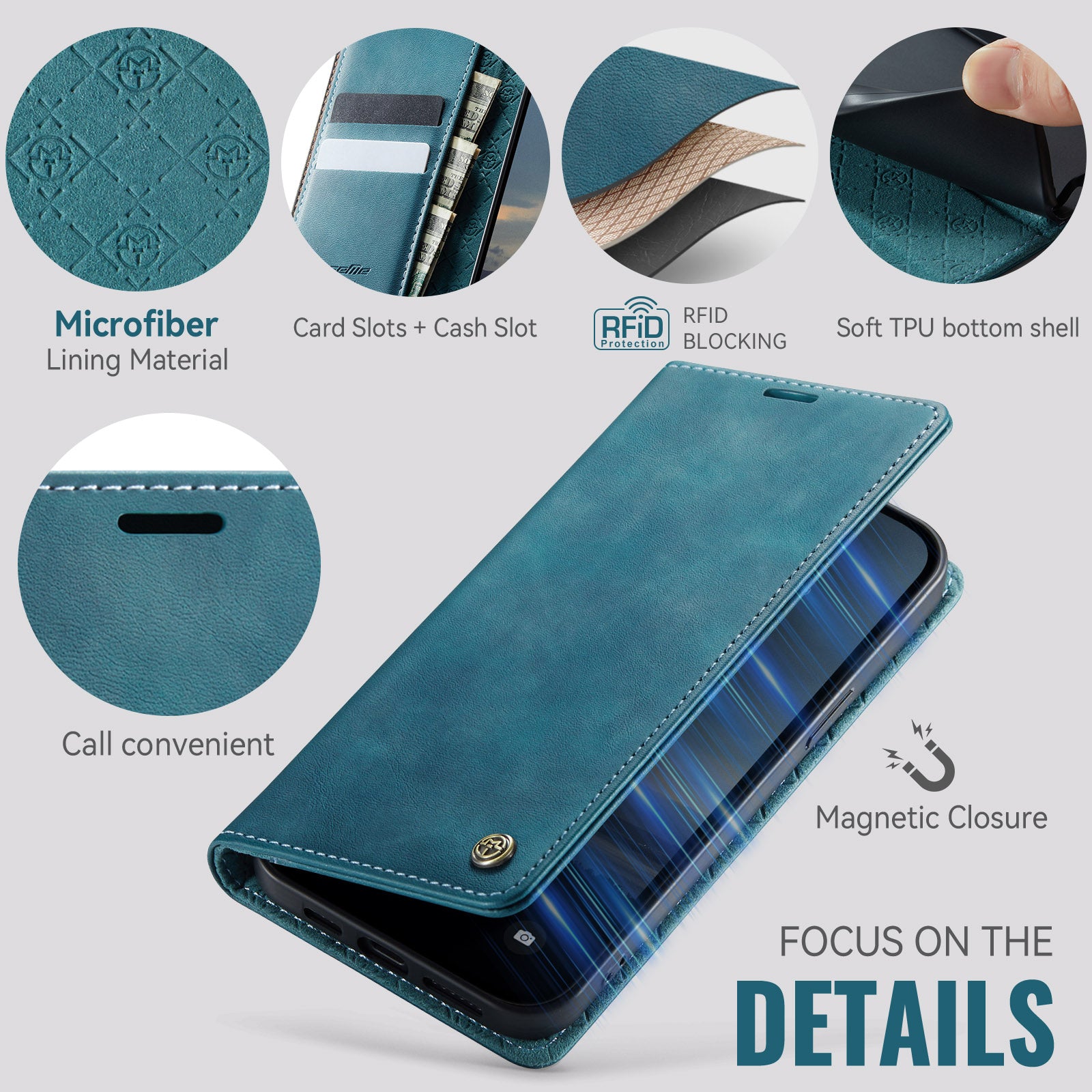 For iPhone 13 6.1 inch Case CASEME 033 Series RFID Blocking Wallet Stand Calf Texture Leather Phone Cover - TechGearPal
