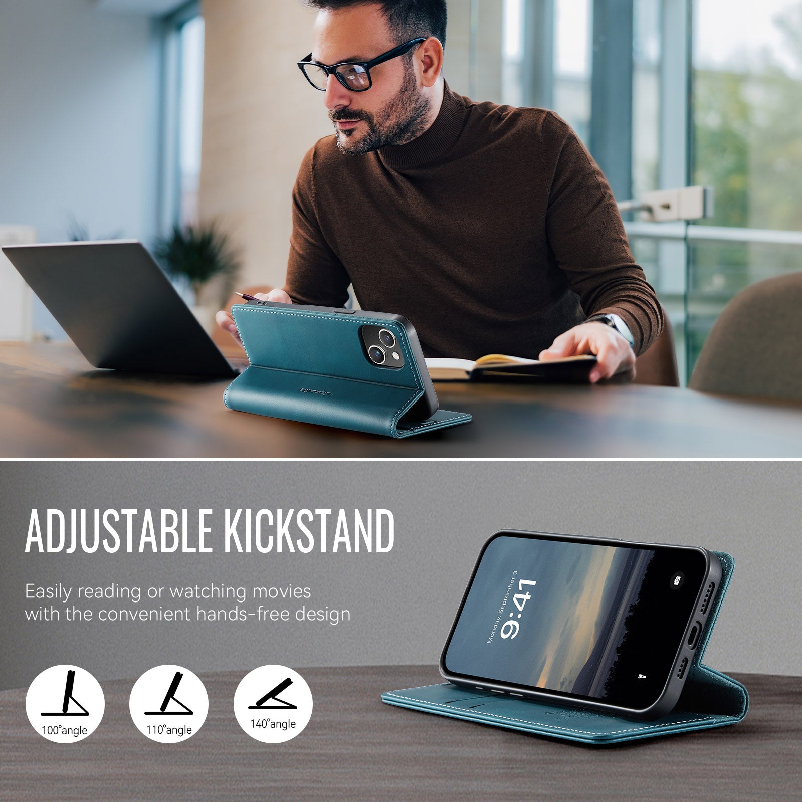 For iPhone 13 6.1 inch Case CASEME 033 Series RFID Blocking Wallet Stand Calf Texture Leather Phone Cover - TechGearPal