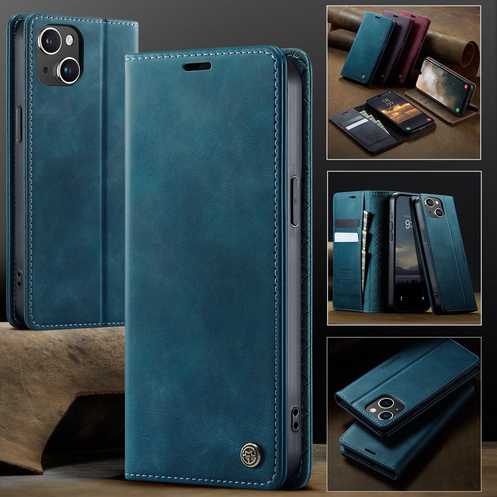 For iPhone 13 6.1 inch Case CASEME 033 Series RFID Blocking Wallet Stand Calf Texture Leather Phone Cover - TechGearPal