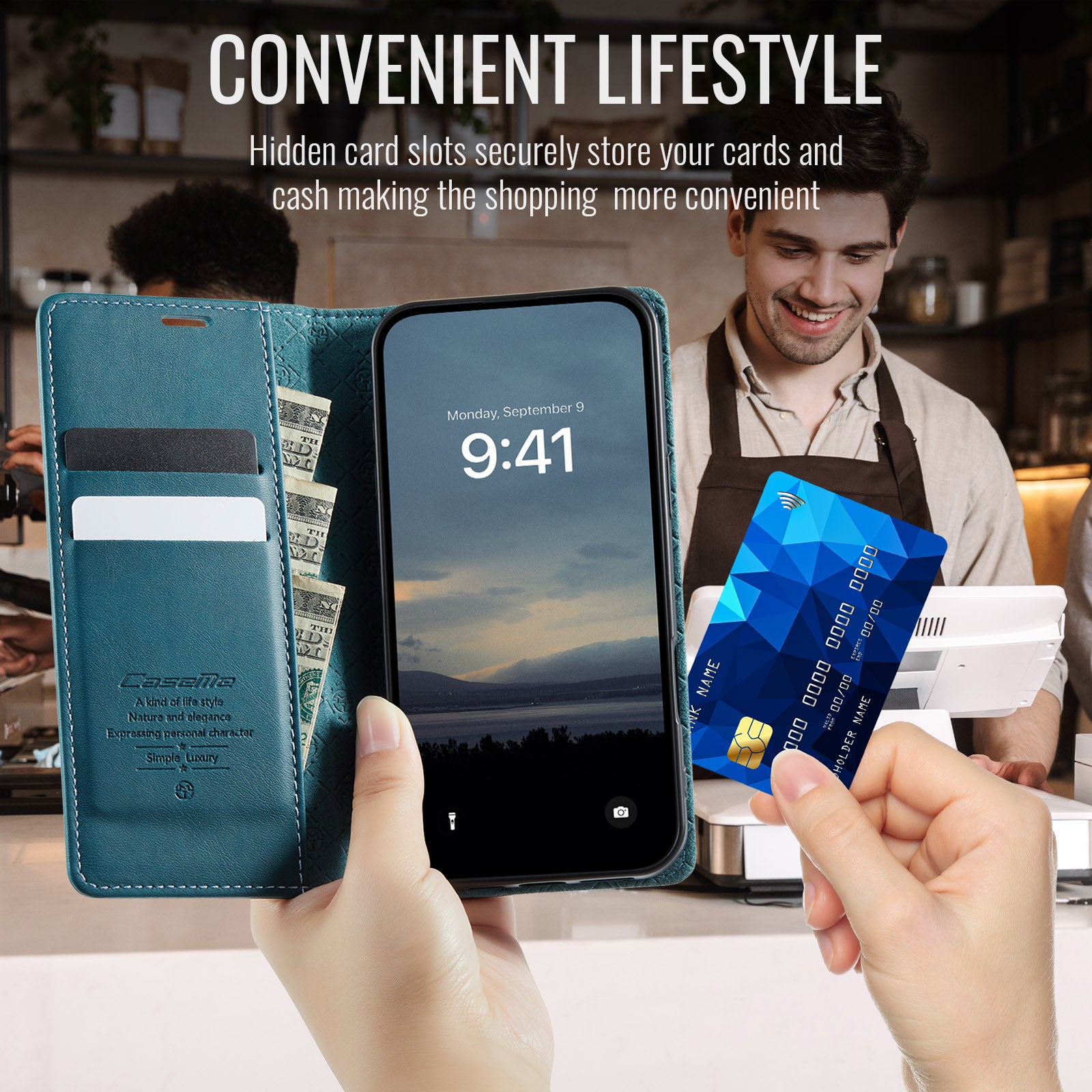 For iPhone 13 6.1 inch Case CASEME 033 Series RFID Blocking Wallet Stand Calf Texture Leather Phone Cover - TechGearPal