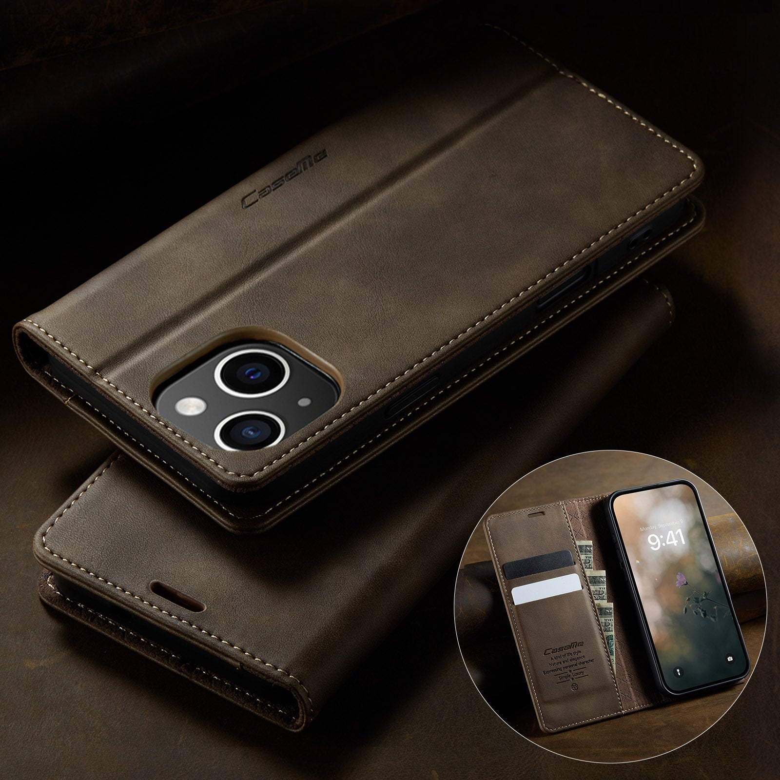 For iPhone 14 Case CASEME 033 Series RFID Blocking Wallet Stand Calf Texture Leather Phone Cover - TechGearPal