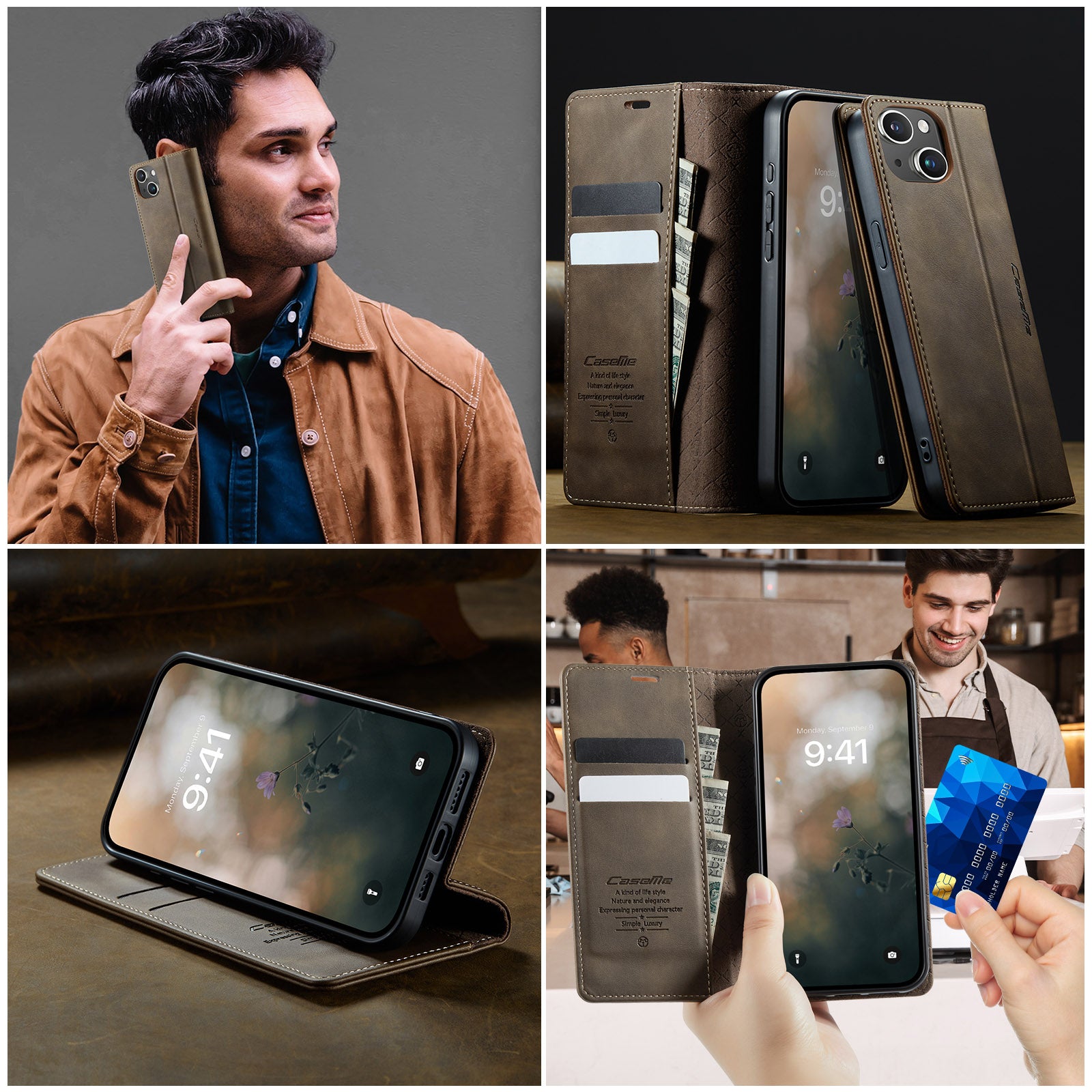 For iPhone 14 Case CASEME 033 Series RFID Blocking Wallet Stand Calf Texture Leather Phone Cover - TechGearPal