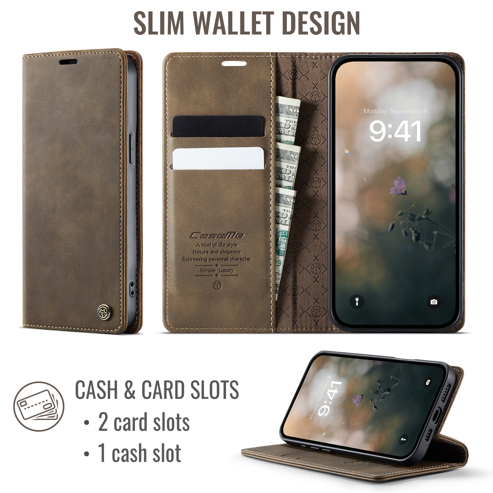 For iPhone 14 Case CASEME 033 Series RFID Blocking Wallet Stand Calf Texture Leather Phone Cover - TechGearPal