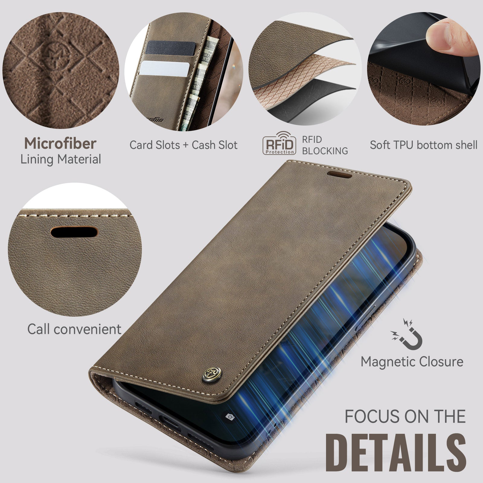 For iPhone 14 Case CASEME 033 Series RFID Blocking Wallet Stand Calf Texture Leather Phone Cover - TechGearPal