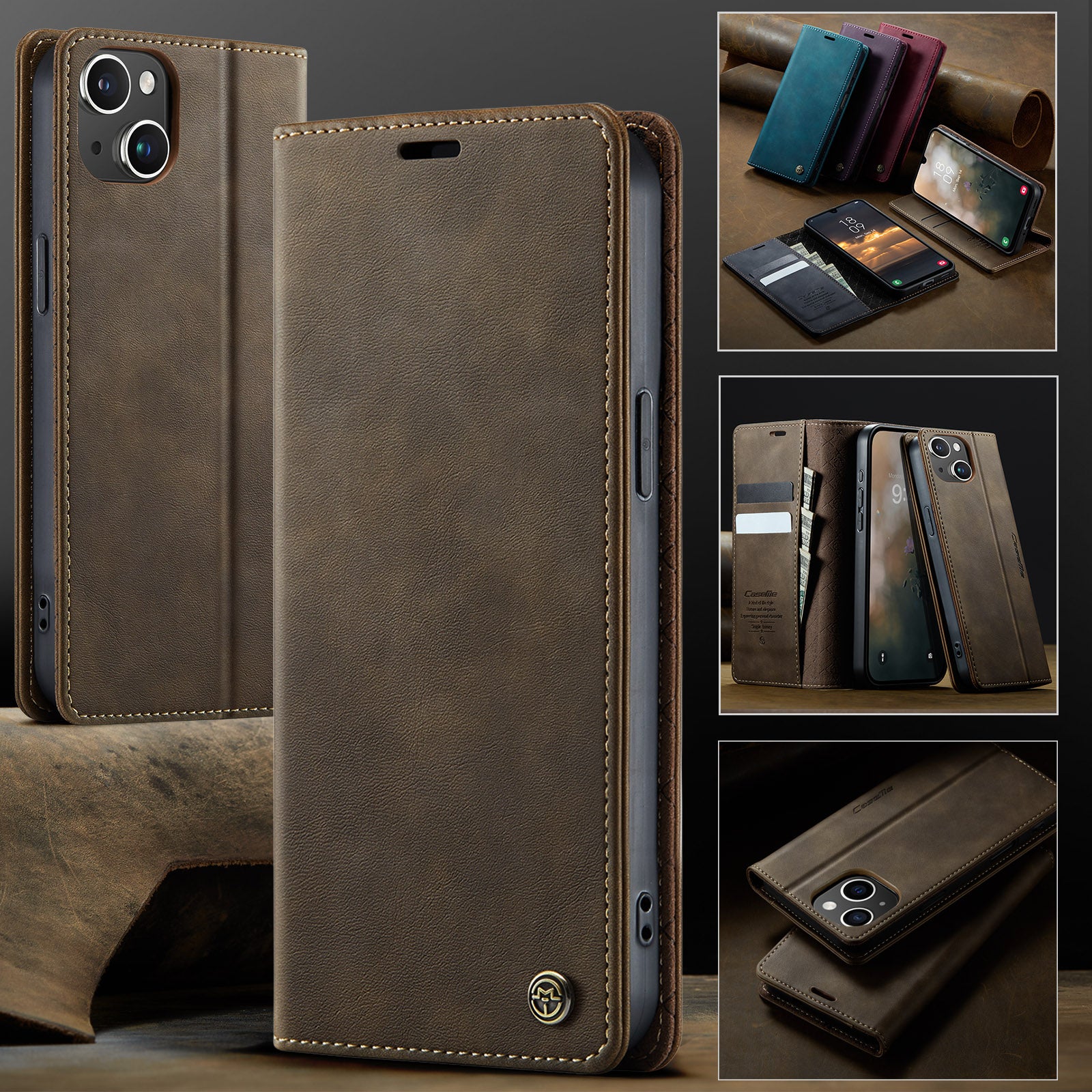 For iPhone 14 Case CASEME 033 Series RFID Blocking Wallet Stand Calf Texture Leather Phone Cover - TechGearPal