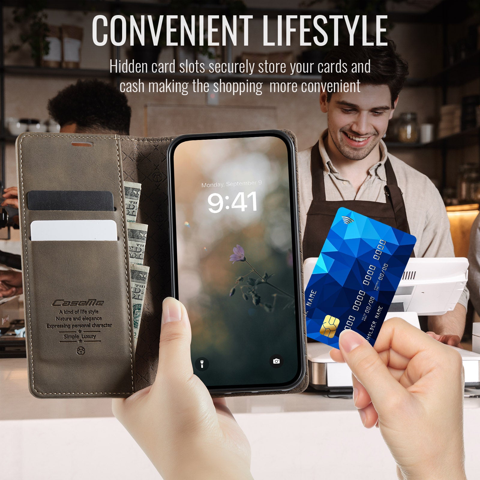 For iPhone 14 Case CASEME 033 Series RFID Blocking Wallet Stand Calf Texture Leather Phone Cover - TechGearPal