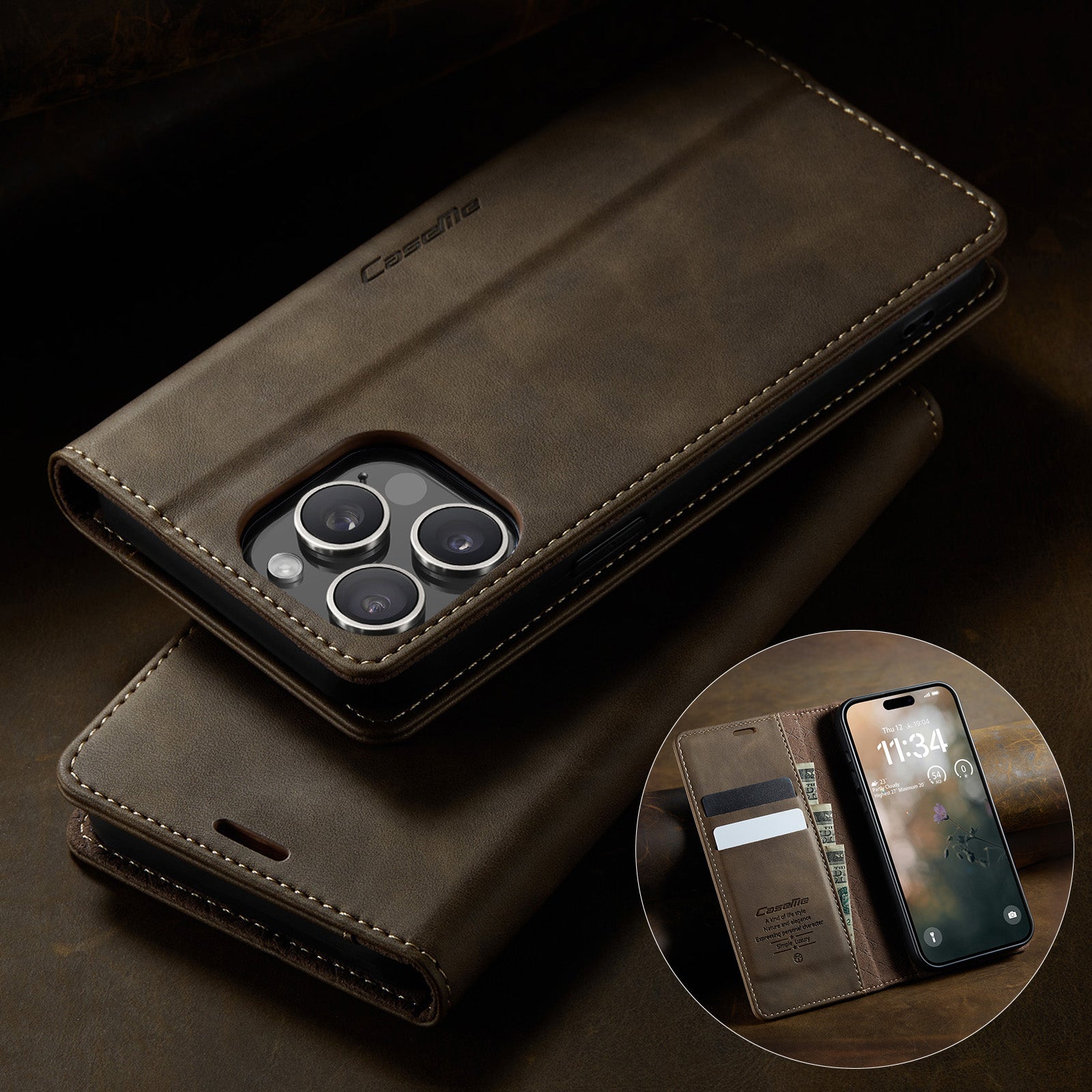 For iPhone 14 Pro Max Case CASEME 033 Series RFID Blocking Wallet Stand Calf Texture Leather Phone Cover - TechGearPal