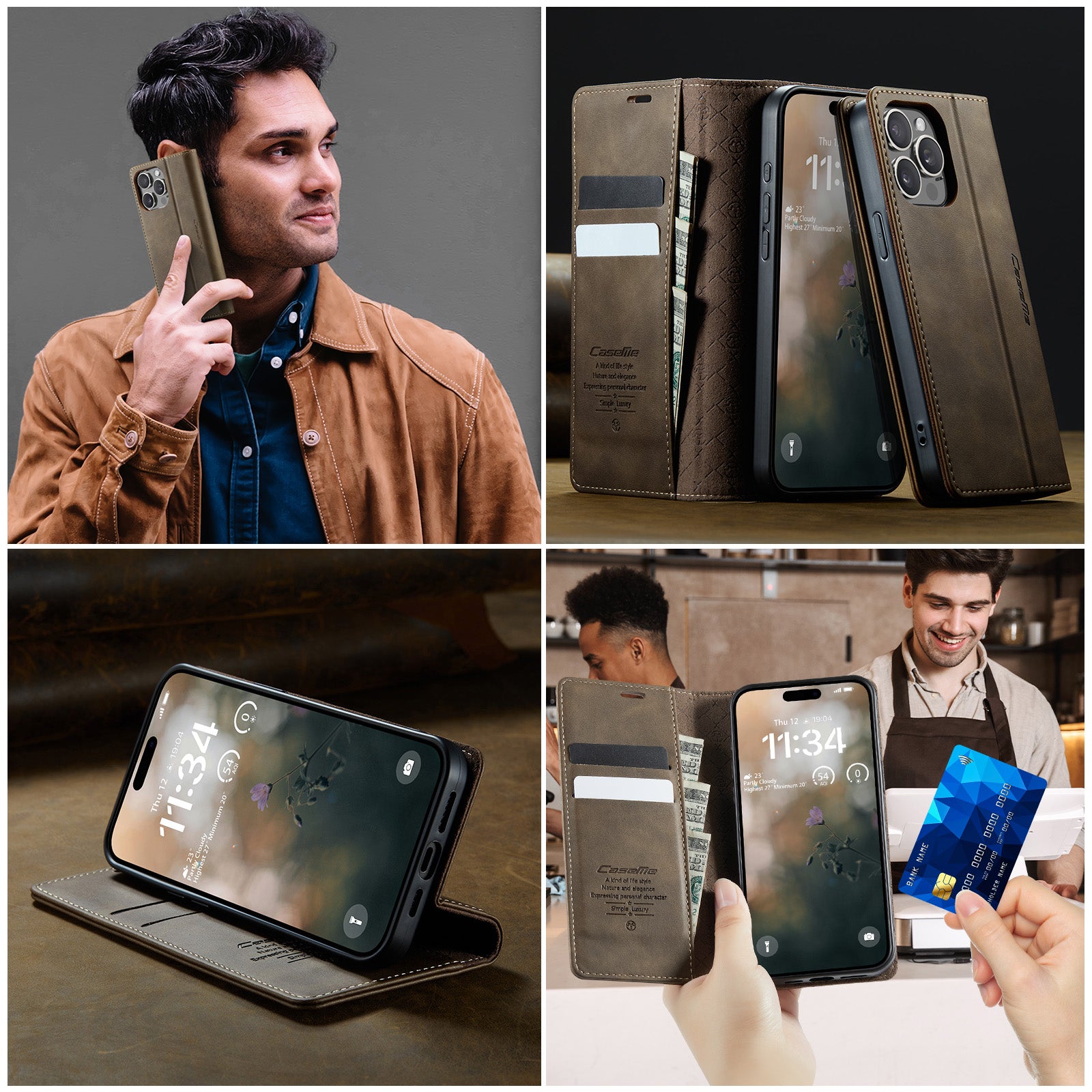 For iPhone 14 Pro Max Case CASEME 033 Series RFID Blocking Wallet Stand Calf Texture Leather Phone Cover - TechGearPal