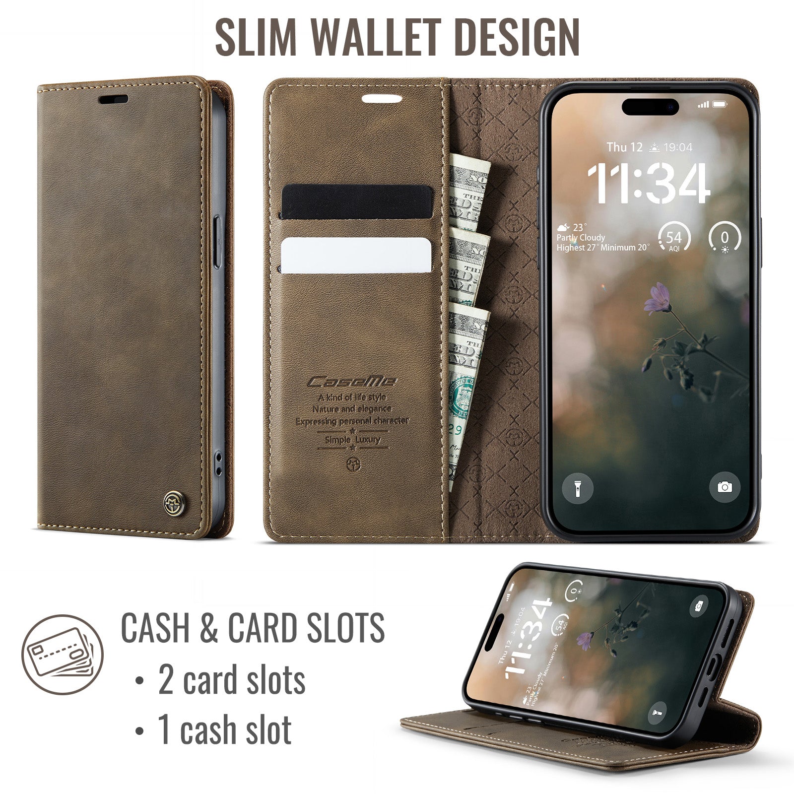 For iPhone 14 Pro Max Case CASEME 033 Series RFID Blocking Wallet Stand Calf Texture Leather Phone Cover - TechGearPal