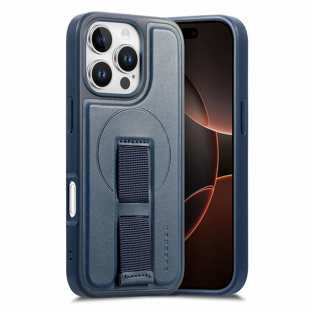 Étui magnétique Caseneo pour iPhone 16 Pro Max avec dragonne en cuir synthétique et PC 