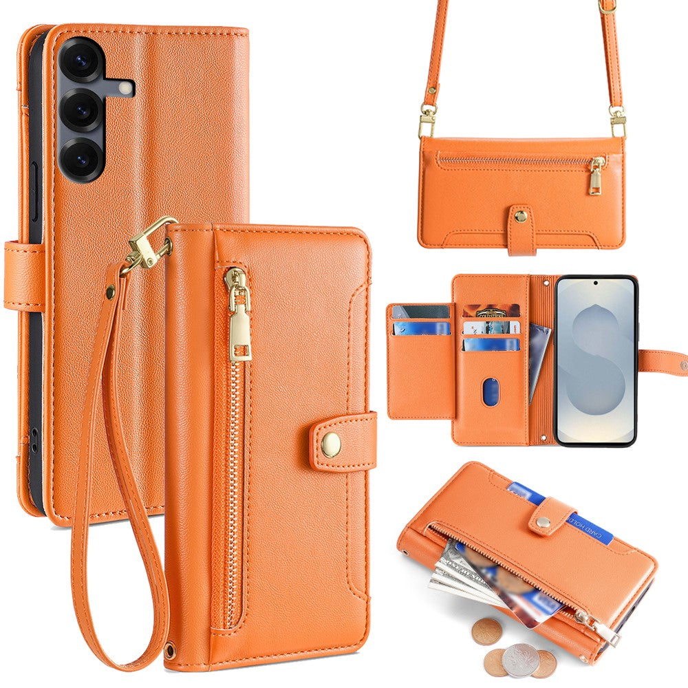 For Samsung Galaxy S25 Leather Case Zipper Pocket Wallet Phone Cover with 2 Straps - TechGearPal