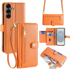 Étui portefeuille en cuir avec fermeture éclair et 2 sangles pour Samsung Galaxy S25 