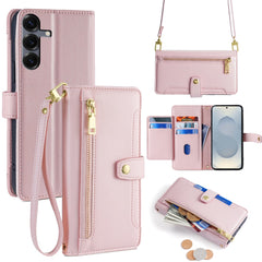 Étui portefeuille en cuir avec fermeture éclair et 2 sangles pour Samsung Galaxy S25 